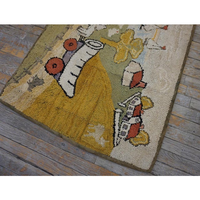 American Artistic Small Size Pictorial Antique American Folk Art Prairie Town Farm Animal Scene Hooked Rug For Sale - Image 3 of 10
