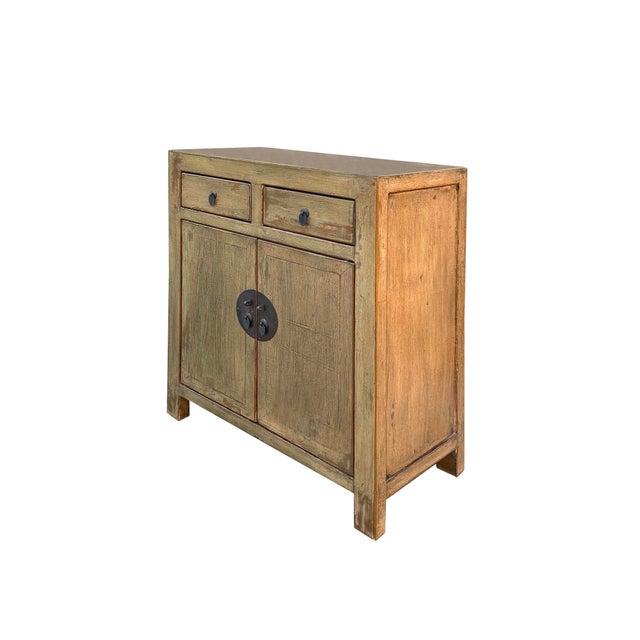 Distressed Mustard Yellow 2 Drawers Doors End Table Nightstand Cabinet For Sale - Image 4 of 6