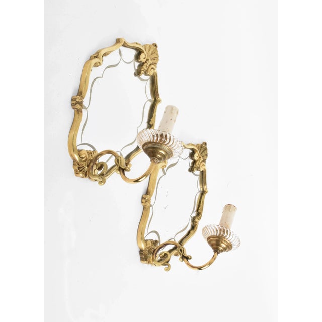 Metal Italian Brass Sconces with Decorated Mirrors, 1930s, Set of 2 For Sale - Image 7 of 9