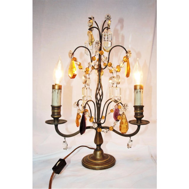 French Pair of 1970s Girandole Candelabra Lamps with Clear Amethyst & Amber Crystals For Sale - Image 3 of 6
