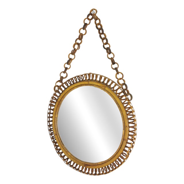 Round Bamboo and Rattan Wall Mirror, Italy, 1960s For Sale
