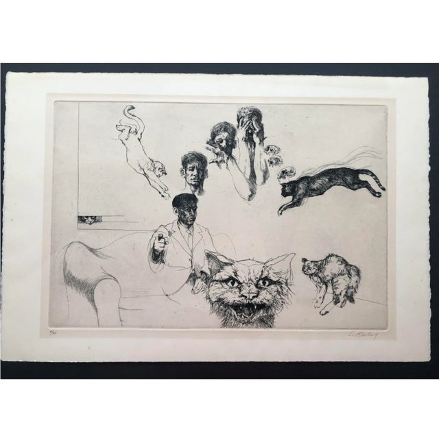 1965 Sigmund Abeles Self Portrait With Cats Etching For Sale - Image 9 of 9