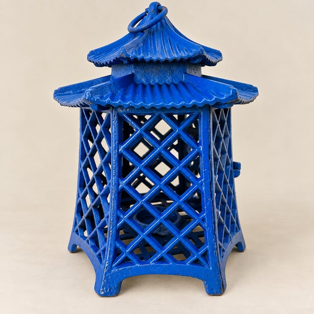 Metal Three Vintage Blue Chinoiserie Asian Cast Iron Pagoda Laterns - a Set For Sale - Image 7 of 9