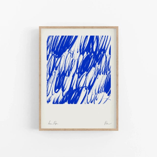 Abstract open edition giclee print. 20"x28" Elegant vivid blue lines composition drawing on off-white / grayish beige...