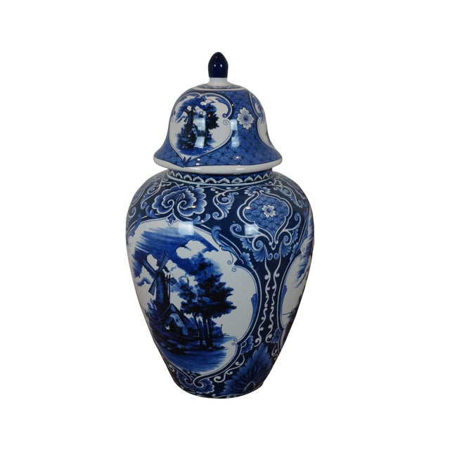 Married set of vintage Delft "Holland Molen" windmill mantel urns or ginger jars in blue and white porcelain. Each...