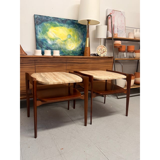 Singer & Sons Vintage Mid-Century Solid Walnut and Travertine End Table Set or Cocktail/ Coffee Table Set For Sale - Image 4 of 12