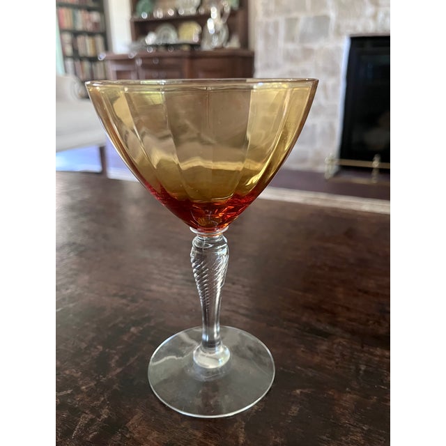 1930s Mid-Century Cambridge Glass Amber & Clear Stem Champagne Coupes - Set of 7 For Sale - Image 9 of 18