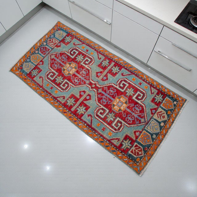 Vintage Turkish Hand-Knotted Door Mat from Chal (Denizli), 1970, featuring warm turquoise tones and authentic village...