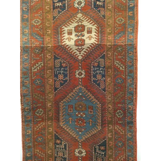 Red Vintage Persian Heriz Serapi Runner, Hand-Knotted Wool, Geometric Pattern, Terracotta & Navy, 3x16 For Sale - Image 8 of 15