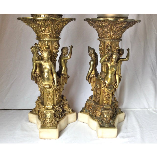 1900 Bronze and Marble Large Garniture Lamps - a Pair For Sale - Image 9 of 16