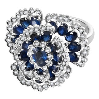 7.02 Carat Sapphire Diamond Floral Statement Ring for Her Size 6.5 For Sale