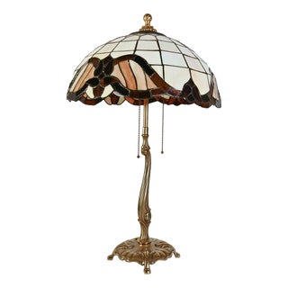 Tiffany Style Table Lamp in Brass and Art Glass, 1950s For Sale