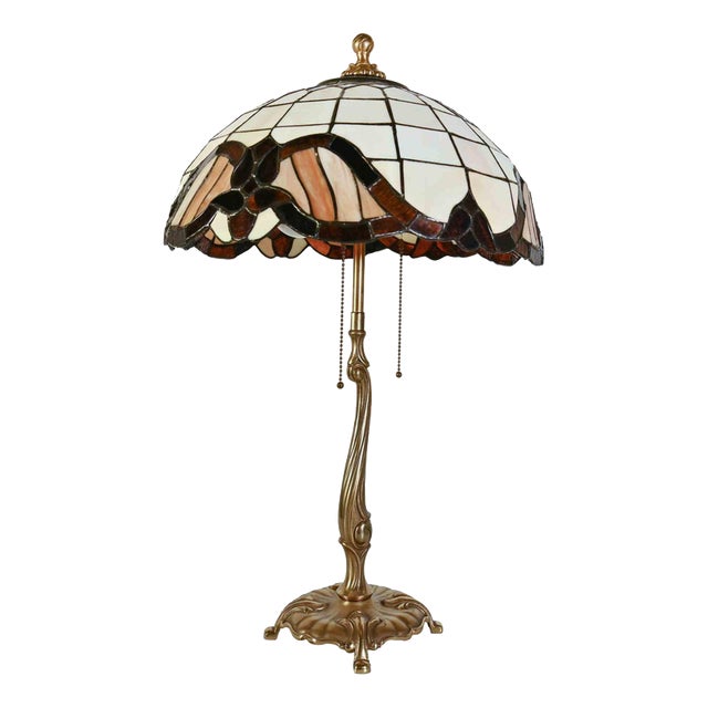 Tiffany Style Table Lamp in Brass and Art Glass, 1950s For Sale