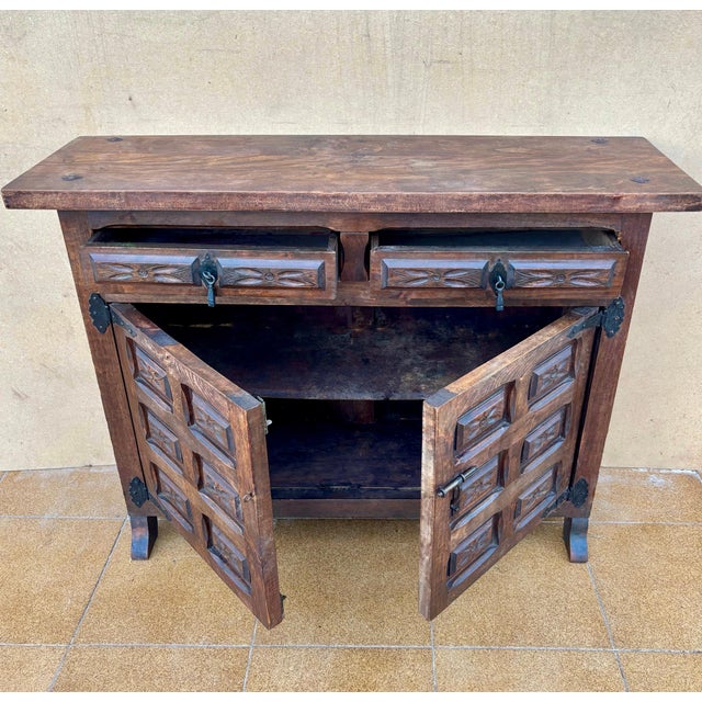 1940s Spanish Rustic Carved Solid Wood Sideboard with Wrought Iron Details For Sale - Image 6 of 9
