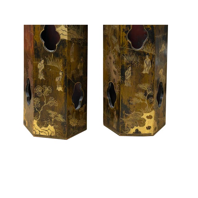 Pair Chinese Matte Gold Scenery Hexagonal Display Wood Brush Pots Vase For Sale - Image 13 of 18