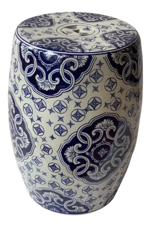 Chinese Blue & White Porcelain Floral Theme Round Stool Table