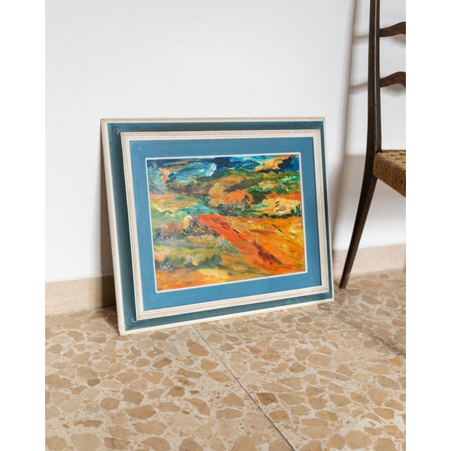 This unique oil painting captivates with its warm colors. The depicted abstract landscape motif was painted on paper with...