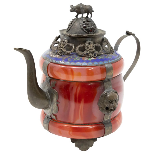 Vintage Chinese Carnelian and Enamel With Bronze Filigree Teapot For Sale