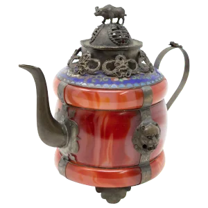 Vintage Chinese Carnelian and Enamel With Bronze Filigree Teapot