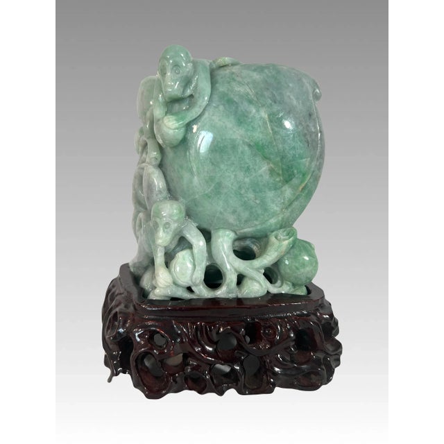 Solid Jade Carving of Auspicious Peach With Playful Monkeys on Custom Stand, Chinese Natural Green For Sale - Image 4 of 11