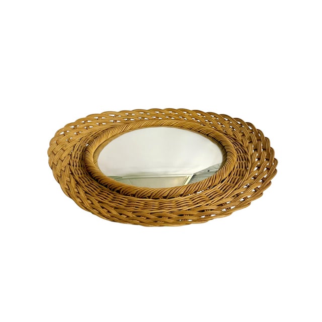 Vintage French Wave Edge Wicker Sunburst Convex Mirror, Mid-Century For Sale - Image 6 of 9