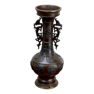 Antique Chinese Patinated Bronze Vase With Dragon Handles and Medallions