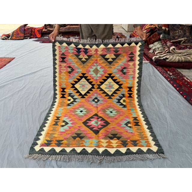 Textile Vintage Afghan Handwoven Colorful Kilim Rug, Geometric Tribal Flat-Weave Wool Rug For Sale - Image 7 of 11