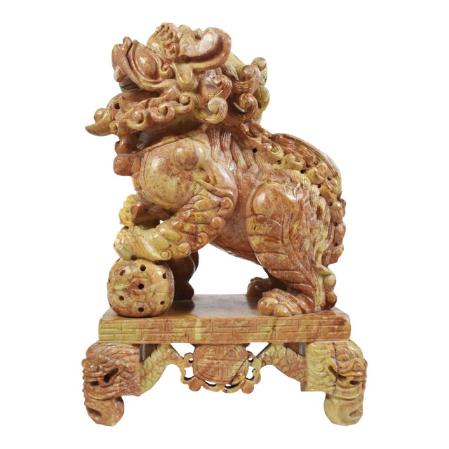 Mid-Century Carved Stone Chinees Dragon Lion Statue Sculpture For Sale