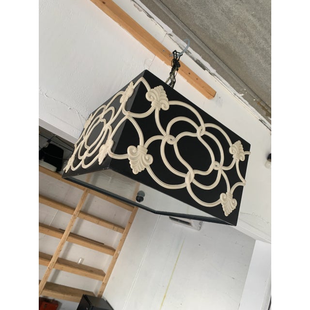 Black & white, vintage, Hollywood Regency, Chinoiserie box chandelier. Newer glass has been cut for piece years ago....