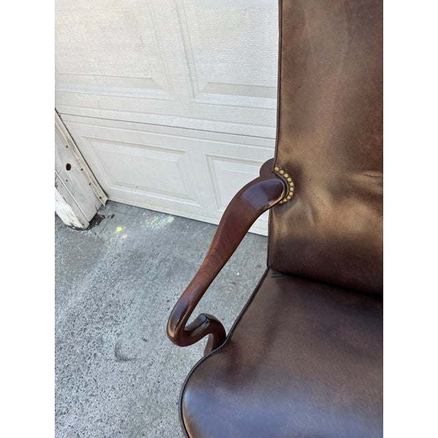 Brown Vintage Hickory Chair Leather Library Armchair | English Georgian Queen Anne Style Accent Chair For Sale - Image 8 of 12