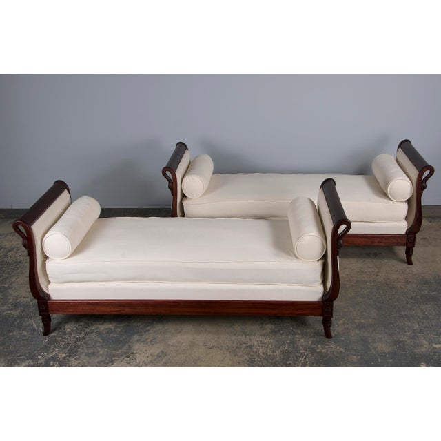 Wood Antique French Empire Swan Neck Mahogany Daybeds W/ Cream Woven Fabric - a Pair For Sale - Image 7 of 12