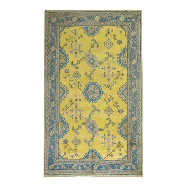 Antique Zabihi Collection Yellow Teal Turkish Oushak - 6'1" x 9'9" For Sale