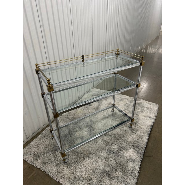 Mid 20th Century chrome, brass & glass bar cart attributed to John Vesey Great vintage condition! 100% original Rolls...