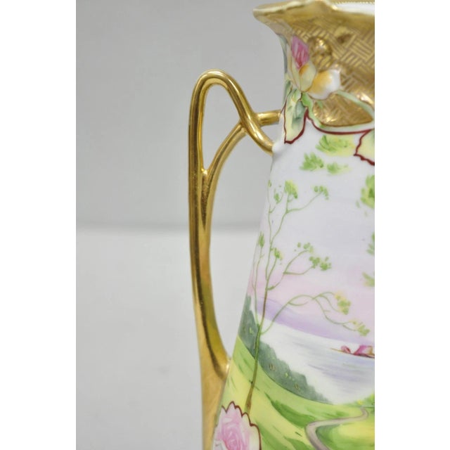 Ceramic Antique Nippon Hand Painted Porcelain Twin Handle Vase W /Flowers & Lake Scene For Sale - Image 7 of 15