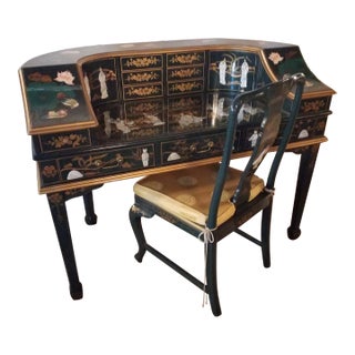 1980s Vintage Chinoiserie Rounded Back Laquered Desk & Chair - a Set of For Sale