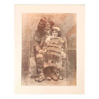 Unknown Artist, Father and Daughter, Charcoal Drawing on Paper For Sale