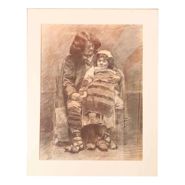 Unknown Artist, Father and Daughter, Charcoal Drawing on Paper For Sale