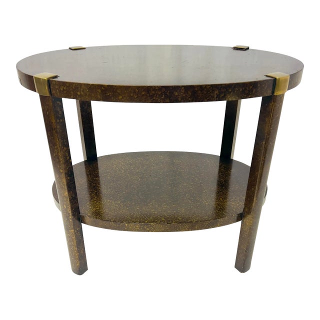 Mid-Century Heritage Furniture Co. Faux Tortoise Shell Oval Side Table With Brass Accents & Pull-Out Shelf For Sale