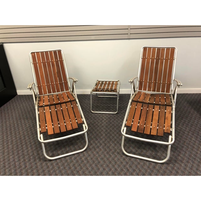 Vintage Mid Century Modern Redwood Patio Set Chaise Lounge Chair Pair & Side Table Chairish