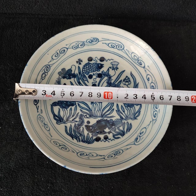 Chinese Ceramic Plate,Qianlong Marked Blue and White Porcelain Plate Hand Painted Fish Pattern For Sale - Image 10 of 10