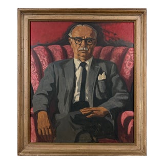 Vintage Expressionist Portrait of Seated Man With Glasses by Jack Gerber, Framed (C. 1950, Oil on Board) For Sale