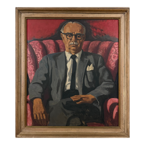 Vintage Expressionist Portrait of Seated Man With Glasses by Jack Gerber, Framed (C. 1950, Oil on Board)