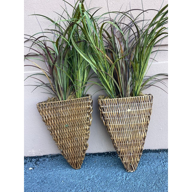 Vintage Palecek Faux Rattan Wall Planters With Faux Grasses - A Pair For Sale - Image 9 of 11