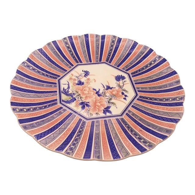 Vintage Sun/Toyo Ceramic Pink Blue Floral Stripe Asian Chinoiserie DecorativePlate For Sale