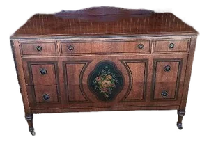 Walnut Vintage Dresser 5 Drawer on Wheels Dark Tone