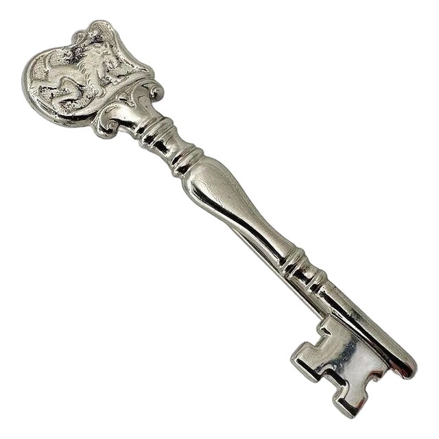 1970s Sterling Silver Rampant Lion Skelton Key Brooch Pin by Towle For Sale