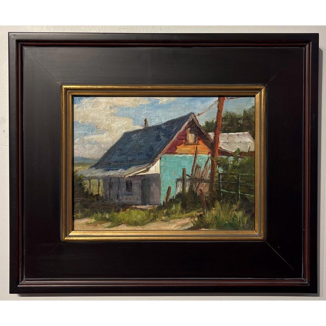 This oil painting captures a weathered structure adorned with a striking turquoise wall, set against a backdrop of soft...