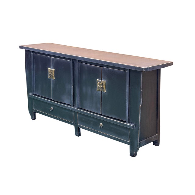 Asian Vintage Distressed Black Hardware Credenza Console Sideboard Cabinet For Sale - Image 3 of 17