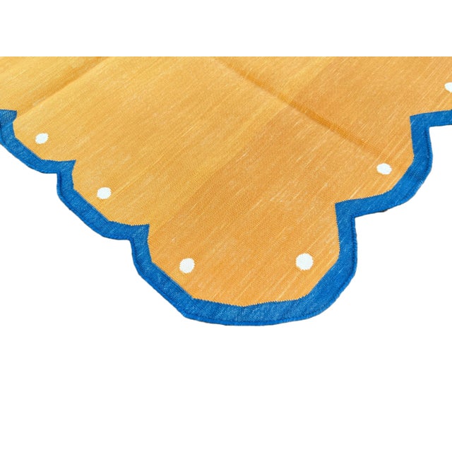 Not Yet Made - Made To Order Not Yet Made - Made To Order Handmade Cotton Scalloped Rug Reversible Electric Yellow and Royal Blue Dhurrie-3'x5' For Sale - Image 5 of 11