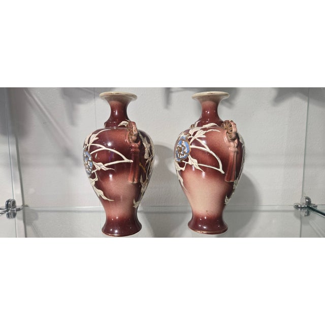 Pair of Antique Japanese Satsuma Moriage Peony Vases 19th C Expertly Restored For Sale - Image 4 of 8
